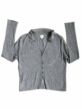 A New Day Women’s Ribbed Knit Button Front Collar Top Gray Size M